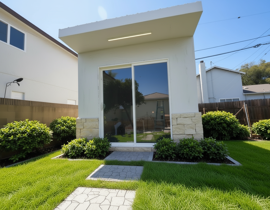 A 100 square foot ADU built of fire resistant materials that is perfect for storage, an external office or exercise room